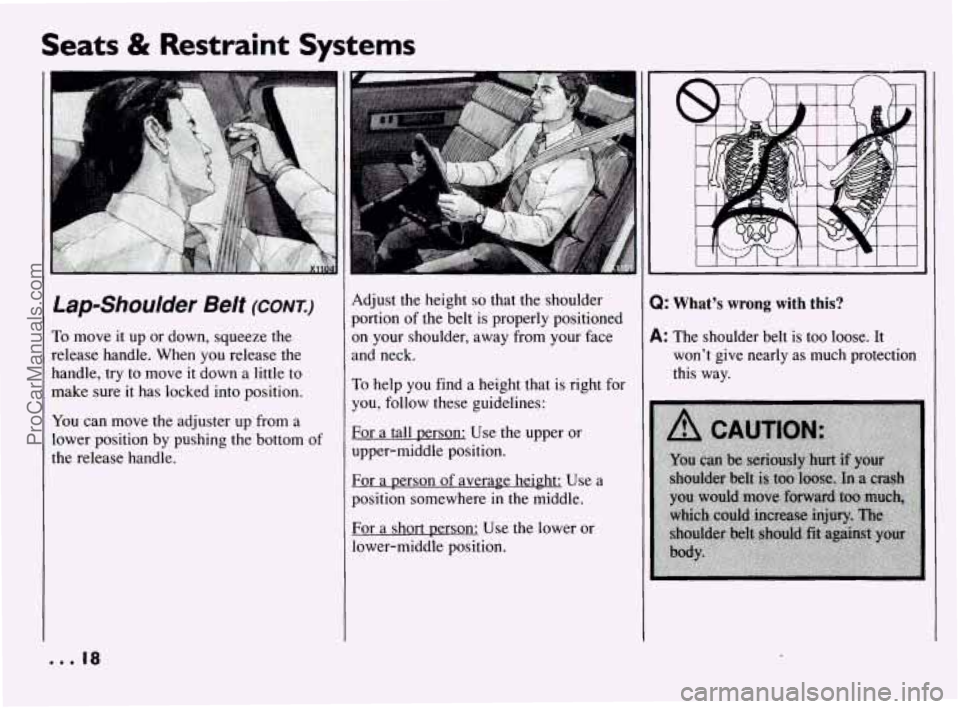 PONTIAC BONNEVILLE 1994 User Guide Seats & Restraint Systems
I Lap-Shoulder Belt (CONK)
To move it up or down, squeeze the
release handle. When you release the
handle, try to move
it down a little to
make sure it PONTIAC BONNEVILLE 1994 User Guide Seats & Restraint Systems
I Lap-Shoulder Belt (CONK)
To move it up or down, squeeze the
release handle. When you release the
handle, try to move
it down a little to
make sure it