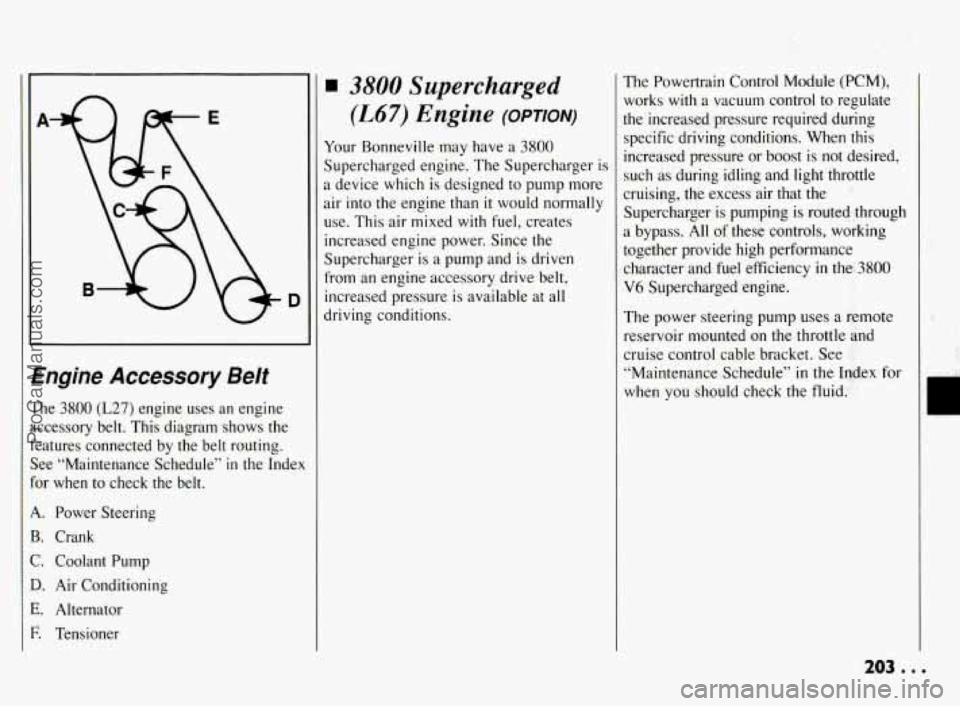 PONTIAC BONNEVILLE 1994  Owners Manual n 
D 
~~ ~~~  ~~  ~  ~~~~  ~  ~  ~ 
Engine Accessory Belt 
The  3800 (L27) engine  uses an engine 
accessory  belt.  This  diagram  shows  the 
features  connected  by the  belt  routing. 
See  “Mai