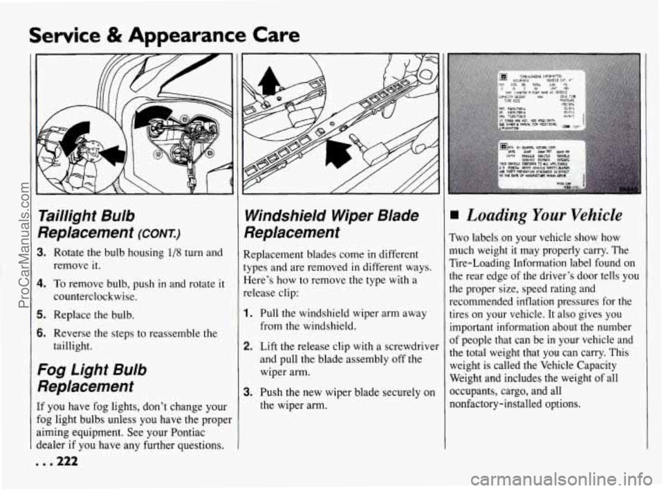 PONTIAC BONNEVILLE 1994  Owners Manual Service & Appearance Care 
Taillight  Bulb 
Seplacement 
(CONT.) 
I. Rotate the bulb  housing 1/8 turn and 
1. To remove  bulb,  push  in and  rotate it 
counterclockwise. 
i. Replace  the  bulb. 
i. 