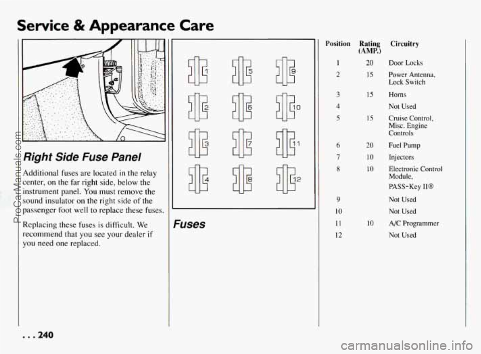 PONTIAC BONNEVILLE 1994  Owners Manual Service & Appearance Care 
Right Side Fuse Panel 
Additional fuses are located in the relay 
center, 
on the  far right  side, below  the 
instrument panel. 
You must  remove  the 
sound  insulator  o