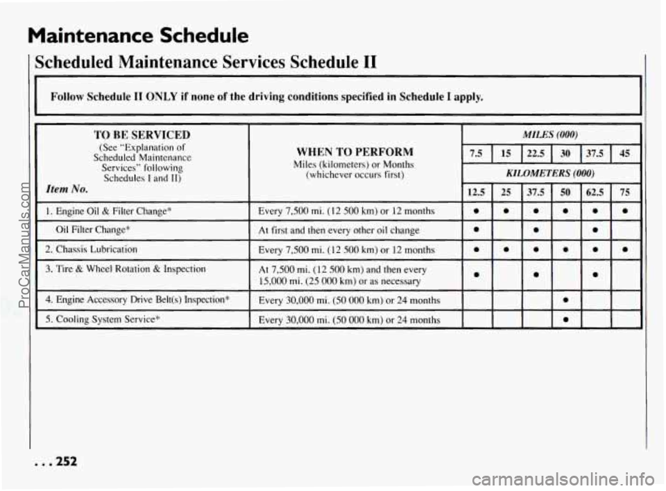 PONTIAC BONNEVILLE 1994 Owners Manual Maintenance Schedule
I Scheduled Maintenance Services Schedule I1
II I
Follow Schedule I1 ONLY if none of the driving conditions specified in Schedule I apply.
TO BE SERVICED
(See “Explanatio PONTIAC BONNEVILLE 1994 Owners Manual Maintenance Schedule
I Scheduled Maintenance Services Schedule I1
II I
Follow Schedule I1 ONLY if none of the driving conditions specified in Schedule I apply.
TO BE SERVICED
(See “Explanatio