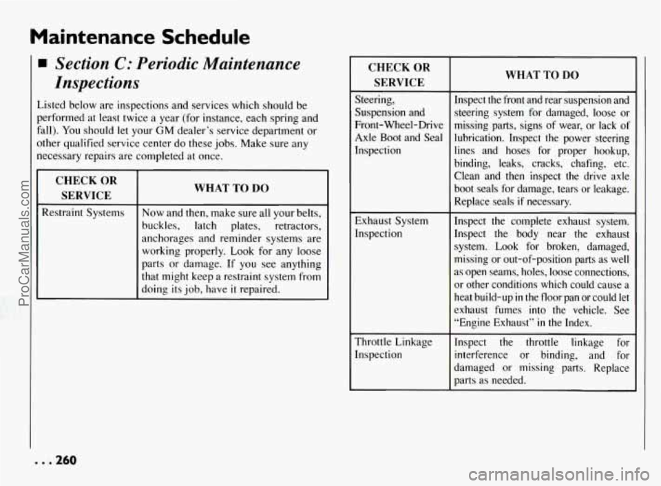 PONTIAC BONNEVILLE 1994  Owners Manual Maintenance  Schedule 
Section C: Periodic  Maintenance 
Inspections 
Listed  below  are  inspections  and  services  which  should  be 
performed  at  least  twice 
a year  (for  instance,  each  spr