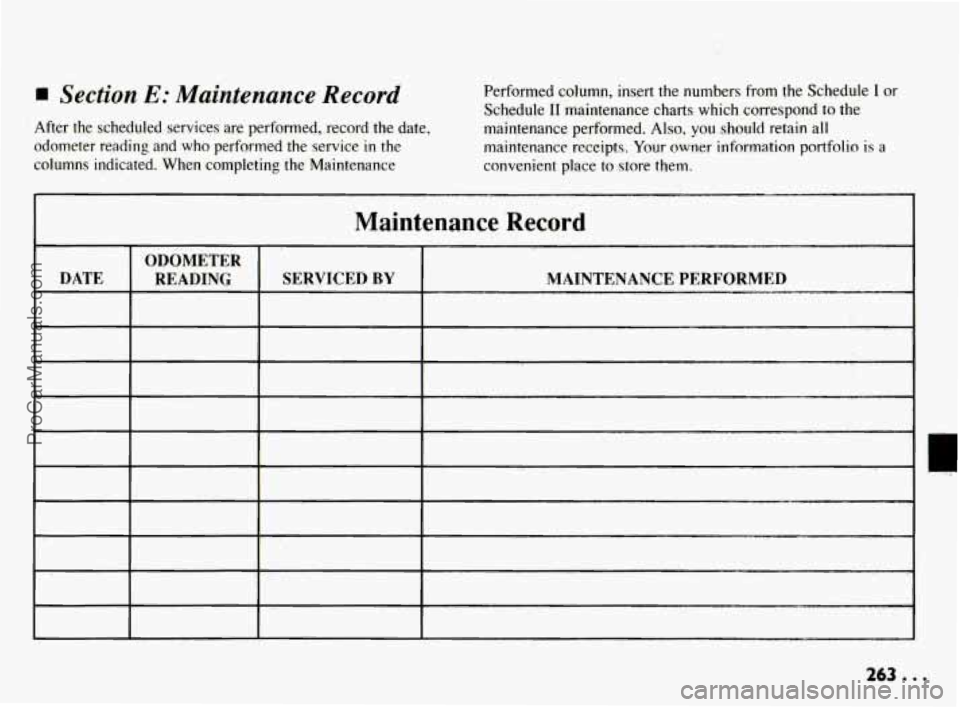 PONTIAC BONNEVILLE 1994  Owners Manual I Section E: Maintenance  Record 
After  the  scheduled  services are performed,  record  the  date, 
odometer  reading  and  who  performed  the service 
in the 
columns  indicated.  When  completing
