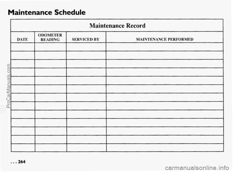 PONTIAC BONNEVILLE 1994  Owners Manual Maintenance  Schedule 
Maintenance  Record 
ODOMETER 
DATE  MAINTENANCE PERFORMED 
SERVICED 
BY READING 
. . .264 
ProCarManuals.com 