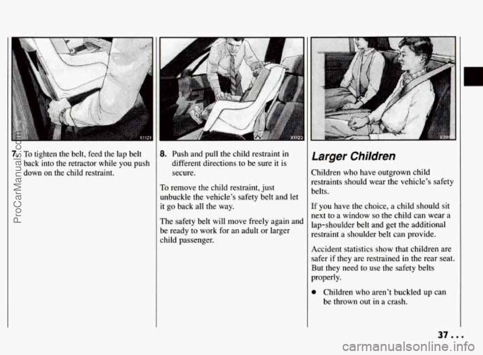 PONTIAC BONNEVILLE 1994 Owners Guide 7. To tighten  the  belt,  feed  the lap belt 
back  into  the  retractor  while  you  push 
down  on  the  child  restraint. 
’ 
8. Push  and  pull the child  restraint  in 
different directions  t