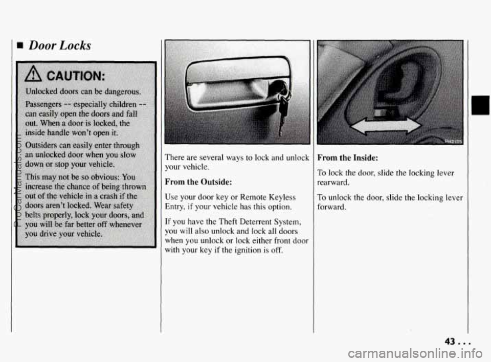 PONTIAC BONNEVILLE 1994 Service Manual Door Locks
There are several ways to lock and unlock
your vehicle.
From the Outside:
Use your door key or Remote Keyless
Entry, if your vehicle has this option.
If you have the PONTIAC BONNEVILLE 1994 Service Manual Door Locks
There are several ways to lock and unlock
your vehicle.
From the Outside:
Use your door key or Remote Keyless
Entry, if your vehicle has this option.
If you have the