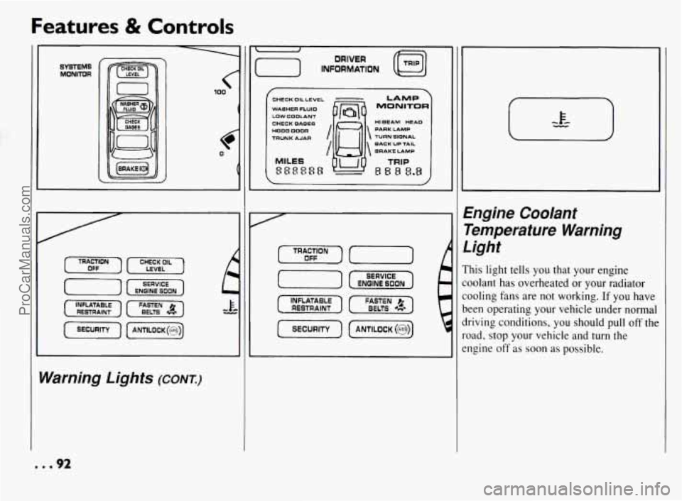 PONTIAC BONNEVILLE 1994  Owners Manual Features & Controls 
SYSTEMS MONITOR 
0 
(-J[=zFz] 
[HeURlTY][-)) 
Warning  Lights (CONT.) 
I 
I-] INFORMATION DRIVER 
CHECK OIL LEVEL - LAMP 
WASHER FLUID 
CHECK QAQES  LOW 
COOLANT 
moo DOOR TRUNK  