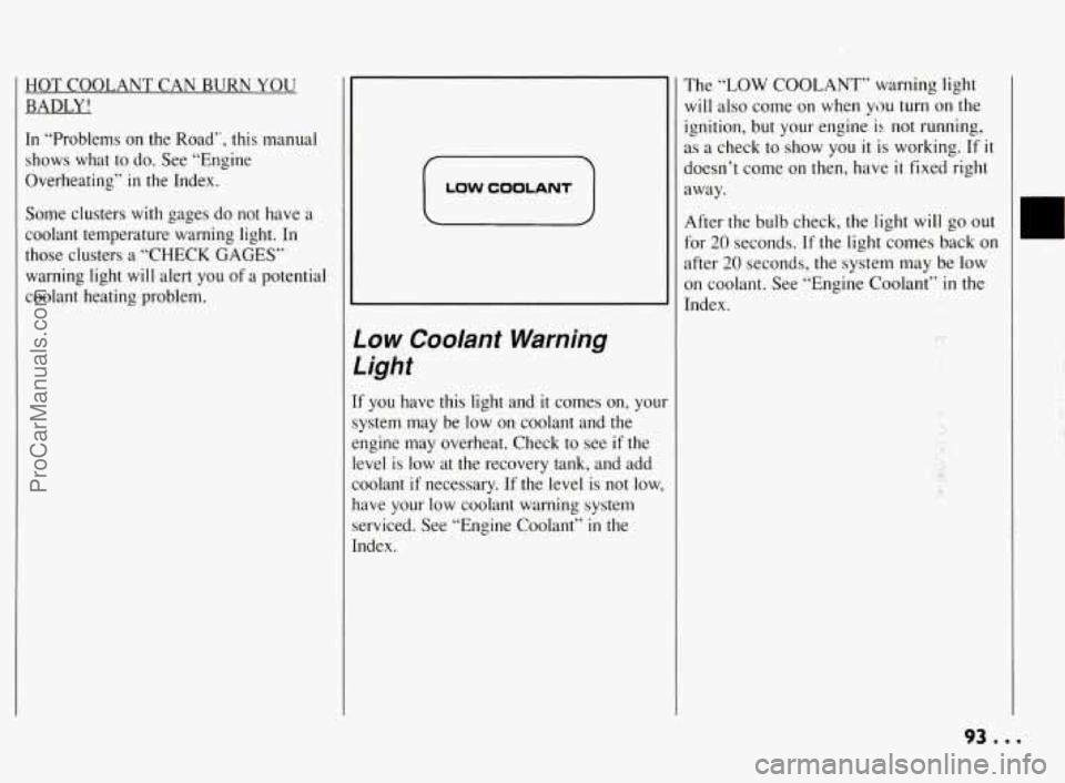 PONTIAC BONNEVILLE 1994  Owners Manual HOT COOLANT  CAN  BURN YOU 
BADLY! 
In “Problems on  the Road”,  this  manual 
shows 
what to do.  See  “Engine 
Overheating” 
in the  Index. 
Some  clusters 
with gages  do not  have  a 
cool