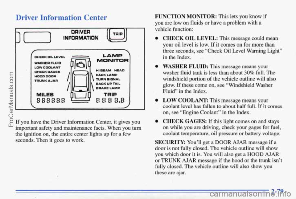 PONTIAC BONNEVILLE 1996  Owners Manual Driver  Information  Center 
3 (-1 INFORMATION (I , J, 
DRIVER TRIP 
CHECK OIL  LEVEL 
WASHER FLUID 
LOW COOLANT 
CHECK  QAOES 
VOOD DOOR 
TRUNK AJAR I 
I 
MlLES 
888888 
LAMP 
MONITOR 
TURN SIQNAL 
B