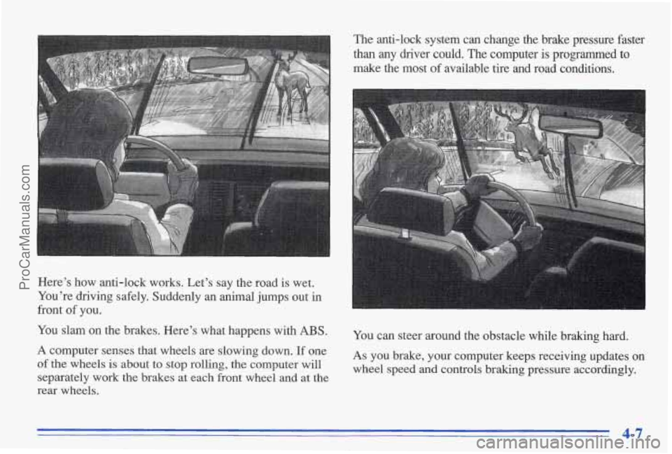 PONTIAC BONNEVILLE 1996 Owners Manual Here’s how anti-lock works. Let’s say the road is wet.
You’re driving safely. Suddenly
an animal jumps out in
front
of you.
You slam on the brakes. Here’s what happens PONTIAC BONNEVILLE 1996 Owners Manual Here’s how anti-lock works. Let’s say the road is wet.
You’re driving safely. Suddenly
an animal jumps out in
front
of you.
You slam on the brakes. Here’s what happens