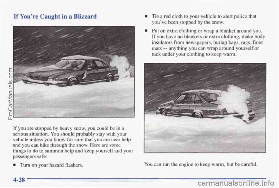 PONTIAC BONNEVILLE 1996 Owners Manual If You’re Caught in a Blizzard
If you are stopped by heavy snow, you could be in a
serious situation. You should probably stay with your
vehicle unless you
know for sure that you ar PONTIAC BONNEVILLE 1996 Owners Manual If You’re Caught in a Blizzard
If you are stopped by heavy snow, you could be in a
serious situation. You should probably stay with your
vehicle unless you
know for sure that you ar