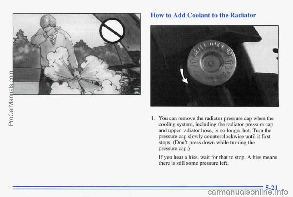 PONTIAC BONNEVILLE 1996  Owners Manual How to  Add  Coolant to the  Radiator 
1. You  can  remove  the  radiator  pressure  cap when  the 
cooling  system,  including  the  radiator  pressure  cap 
and  upper  radiator  hose, 
is no  longe