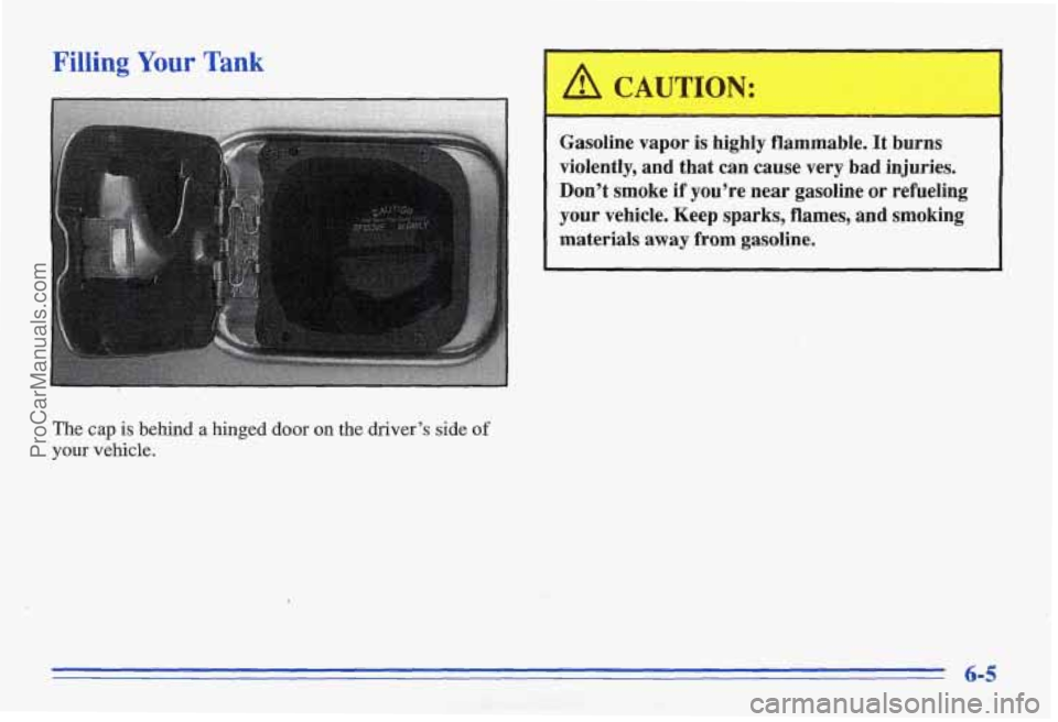 PONTIAC BONNEVILLE 1996 Owners Manual Filling Your Tank
The cap is behind a hinged door on the driver’s side of
your vehicle.
A CAUTION: .
Gasoline vapor is highly flammable. It burns
violently, and that can cause very PONTIAC BONNEVILLE 1996 Owners Manual Filling Your Tank
The cap is behind a hinged door on the driver’s side of
your vehicle.
A CAUTION: .
Gasoline vapor is highly flammable. It burns
violently, and that can cause very