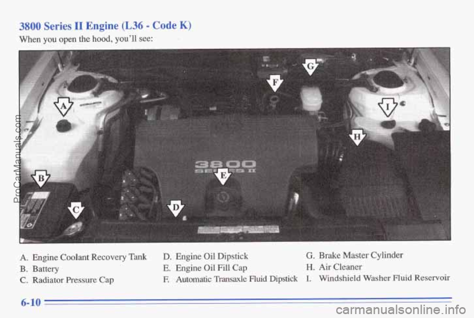 PONTIAC BONNEVILLE 1996  Owners Manual 3800 Series I1 Engine (L36 - Code K) 
When you open the bod, you’ll  see: 
A. Engine  Coolant  Recovery Tank 
B. Battery 
C. Radiator  Pressure Cap 
D.  Engine  Oil  Dipstick G. Brake  Master  Cylin