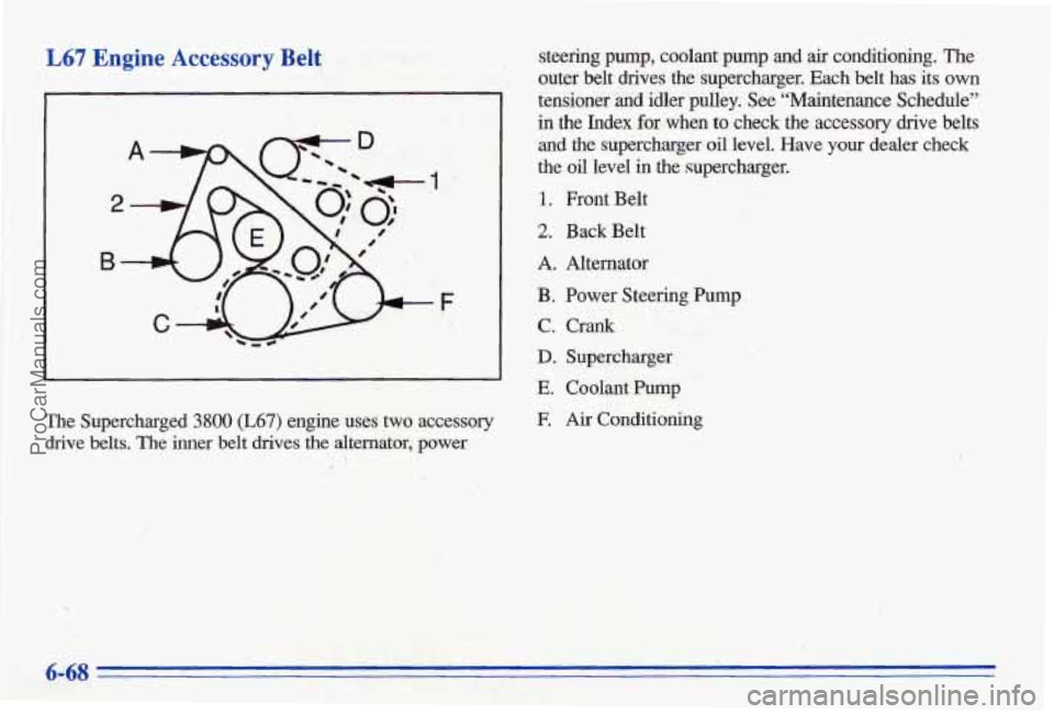 PONTIAC BONNEVILLE 1996  Owners Manual L67 Engine Accessory Belt 
The  Supercharged 3800 (L67) engine uses two accessory 
drive 
belts. The inner  belt drives the  alternator,  power  steering 
pump, coolant pump and air conditioning.  The