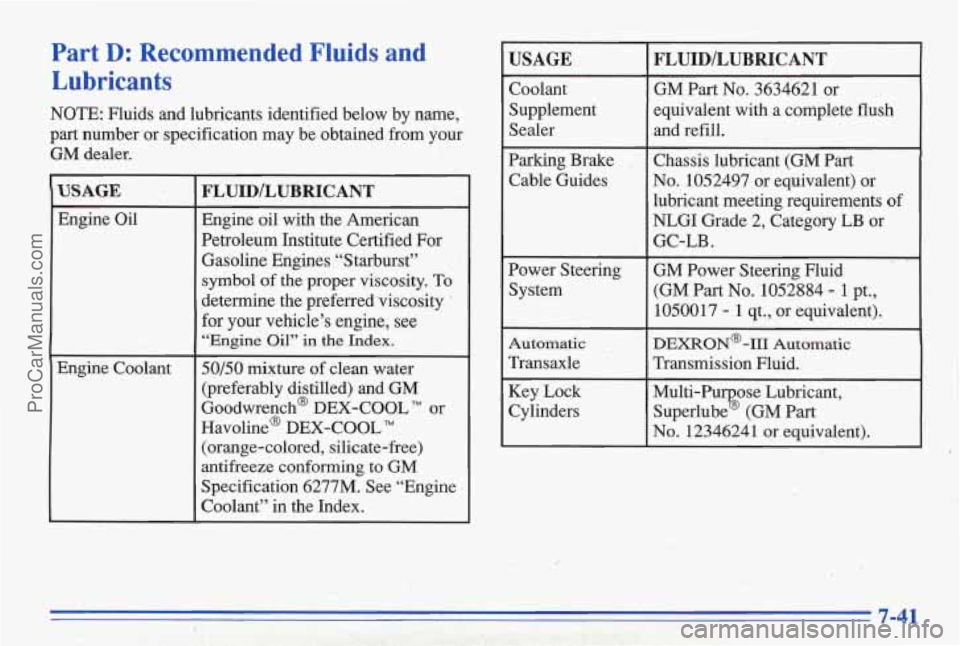 PONTIAC BONNEVILLE 1996  Owners Manual Part D: Recommended  Fluids and 
Lubricants 
NOTE:  Fluids  and  lubricants  identified  below  by  name, 
part  number  or  specification  may  be  obtained  from  your 
GM dealer. 
USAGE 
Engine Oil