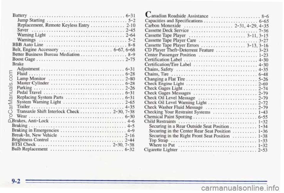 PONTIAC BONNEVILLE 1996  Owners Manual Battery ........................................ 6-3 1 
Jump  Starting ....... ! ......................... 5-2 
Replacement.  Remote  Keyless  Entry 
.............. 2-  10 
Warning  Light 
...........