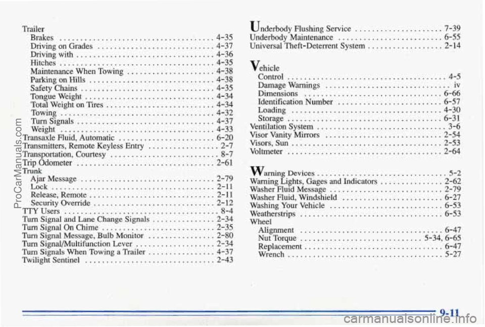 PONTIAC BONNEVILLE 1996  Owners Manual Trailer 
. Brakes ...................................... 4-35 
Driving  on  Grades ............................ 4-37 
Drivingwith ................................. 4-36 
-Hitches .....................