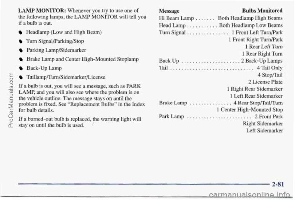 PONTIAC BONNEVILLE 1997 Owners Manual LAMP MONITOR: Whenever you try to use one of
the following lamps, the LAMP MONITOR will tell you
if a bulb is out.
Headlamp (Low and High Beam)
Turn Signal/Parking/Stop
Parking Lamp/Sidemarke PONTIAC BONNEVILLE 1997 Owners Manual LAMP MONITOR: Whenever you try to use one of
the following lamps, the LAMP MONITOR will tell you
if a bulb is out.
Headlamp (Low and High Beam)
Turn Signal/Parking/Stop
Parking Lamp/Sidemarke
