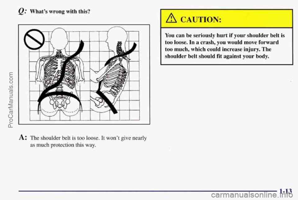 PONTIAC BONNEVILLE 1997 User Guide What’s wrong with this?
A: The shoulder belt is too loose. It won’t give nearly
as much protection this way.
A CAUTION:
You can be seriously hurt if your shoulder belt is
too loose. PONTIAC BONNEVILLE 1997 User Guide What’s wrong with this?
A: The shoulder belt is too loose. It won’t give nearly
as much protection this way.
A CAUTION:
You can be seriously hurt if your shoulder belt is
too loose.