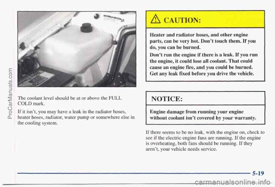 PONTIAC BONNEVILLE 1997  Owners Manual The coolant level should  be  at or  above  the FULL 
COLD mark. 
If it isn’t, you may have  a leak in the  radiator  hoses, 
heater  hoses,  radiator,  water 
pump or  somewhere  else  in 
the  coo