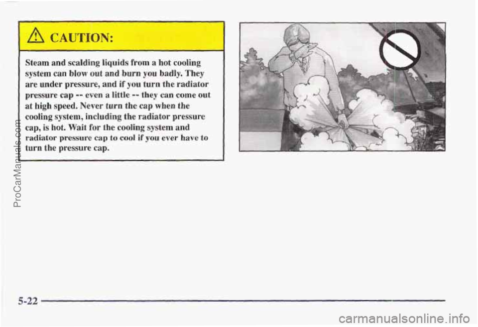 PONTIAC BONNEVILLE 1997  Owners Manual ~ Steam and scalding 
liquids from a hot  cooling 
system  can 
blow out and burn you badly.  They 
are  under  pressure,  and if 
you turn the radiator 
pressure 
cap -- even a little -- they  can co