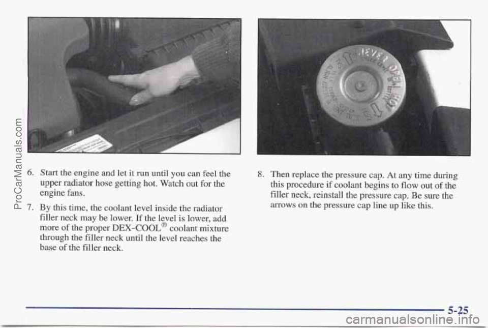 PONTIAC BONNEVILLE 1997  Owners Manual 6. 
7. 
Start the engine  and let it run  until you can feel the 
upper  radiator  hose getting hot.  Watch out for  the 
engine fans. 
By this  time,  the coolant  level inside  the radiator 
filler 