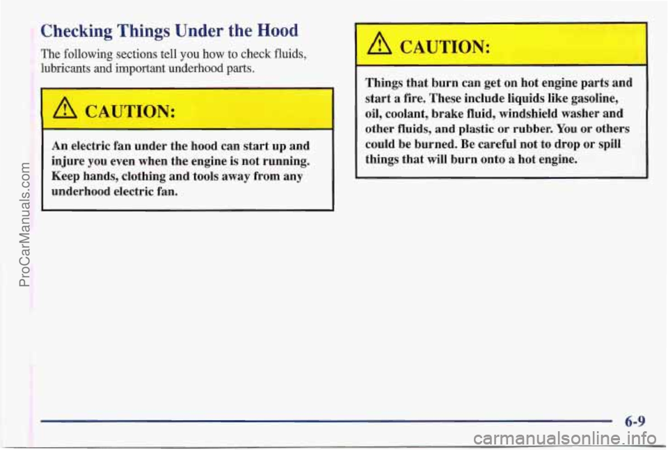 PONTIAC BONNEVILLE 1997 Owners Manual Checking Things Under the Hood
The following sections tell you how to check fluids,
lubricants and important underhood parts.
An electric fan under the hood can start up and
injure
you PONTIAC BONNEVILLE 1997 Owners Manual Checking Things Under the Hood
The following sections tell you how to check fluids,
lubricants and important underhood parts.
An electric fan under the hood can start up and
injure
you