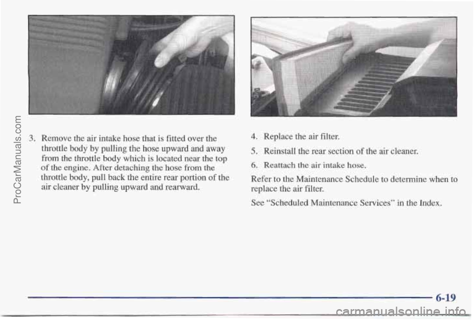 PONTIAC BONNEVILLE 1997 Owners Manual 3. Remove the air intake hose that is fitted over the
throttle body by pulling the hose upward and away
from the throttle body which
is located near the top
of the engine. After detaching th PONTIAC BONNEVILLE 1997 Owners Manual 3. Remove the air intake hose that is fitted over the
throttle body by pulling the hose upward and away
from the throttle body which
is located near the top
of the engine. After detaching th