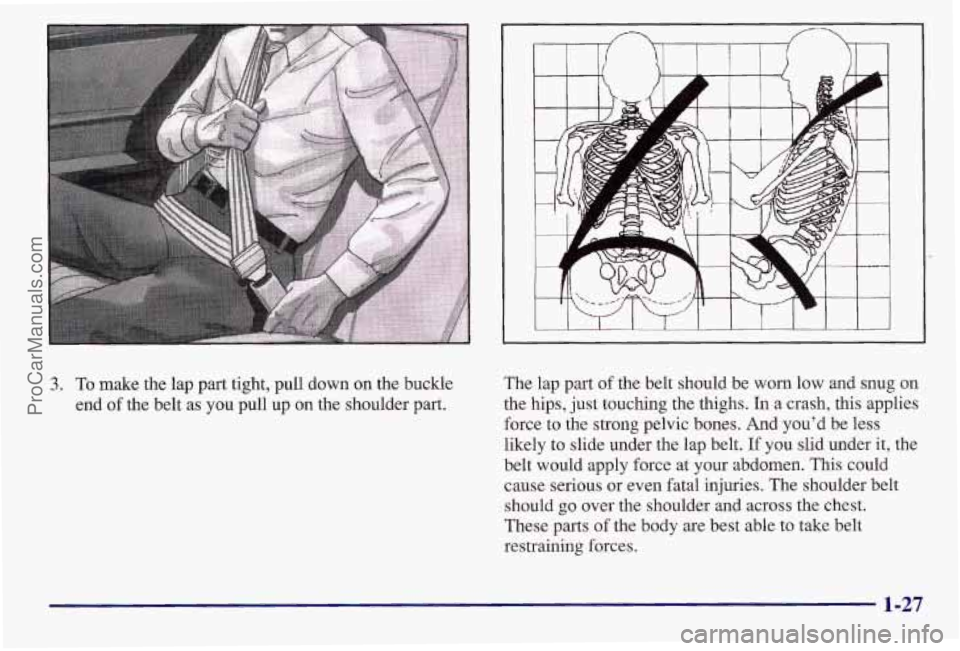 PONTIAC BONNEVILLE 1997 Owners Guide 3. To make the lap part tight, pull down on the buckle
end
of the belt as you pull up on the shoulder part. The lap part
of the belt
should be worn low and snug on
the hips, just touching PONTIAC BONNEVILLE 1997 Owners Guide 3. To make the lap part tight, pull down on the buckle
end
of the belt as you pull up on the shoulder part. The lap part
of the belt
should be worn low and snug on
the hips, just touching