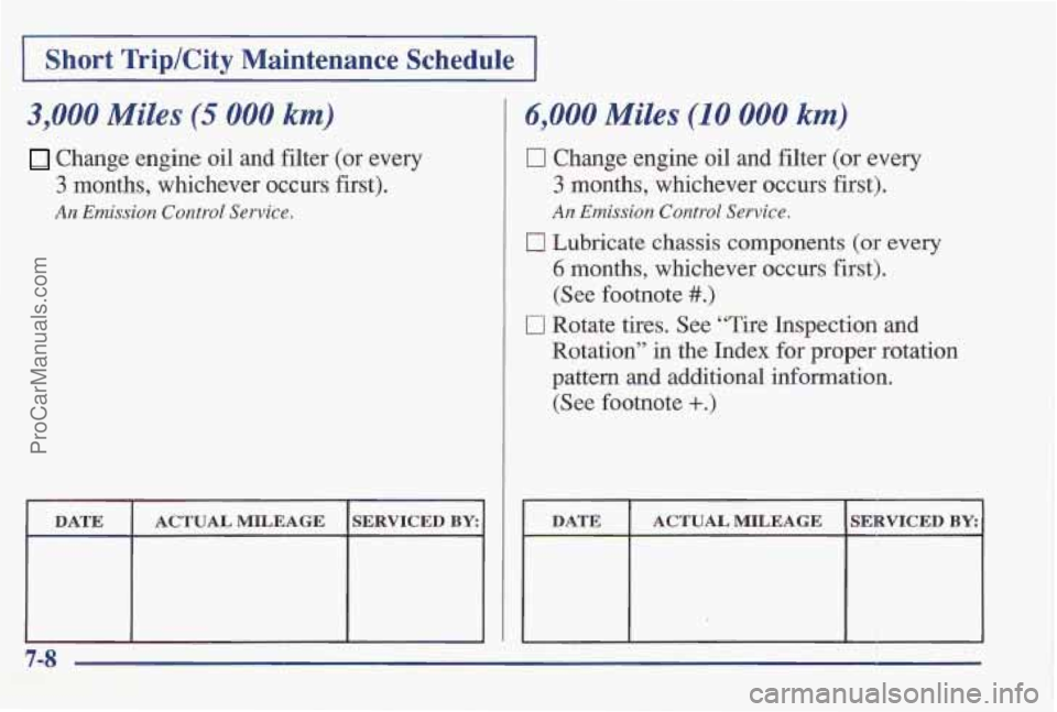 PONTIAC BONNEVILLE 1997 Owners Manual I Short Trip/City Maintenan’ce Schedule I
3,000 Miles (5 000 km)
Change engine oil and filter (or every
3 months, whichever occurs first).
An Emission Control Service.
DATE SERVICED BY: PONTIAC BONNEVILLE 1997 Owners Manual I Short Trip/City Maintenan’ce Schedule I
3,000 Miles (5 000 km)
Change engine oil and filter (or every
3 months, whichever occurs first).
An Emission Control Service.
DATE SERVICED BY: