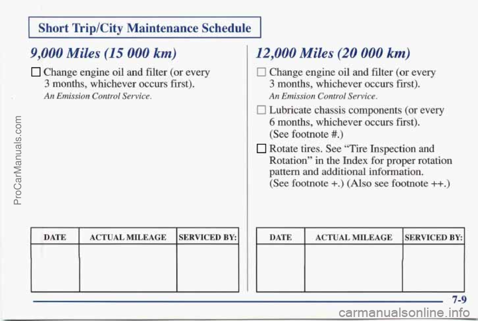 PONTIAC BONNEVILLE 1997 Owners Manual I Short TriplCity Maintenance Schedule I
9,000 Miles (15 000 km)
Change engine oil and filter (or every
3 months, whichever occurs first).
An Emission Control Service.
DATE
SERVICED BY: PONTIAC BONNEVILLE 1997 Owners Manual I Short TriplCity Maintenance Schedule I
9,000 Miles (15 000 km)
Change engine oil and filter (or every
3 months, whichever occurs first).
An Emission Control Service.
DATE
SERVICED BY:
