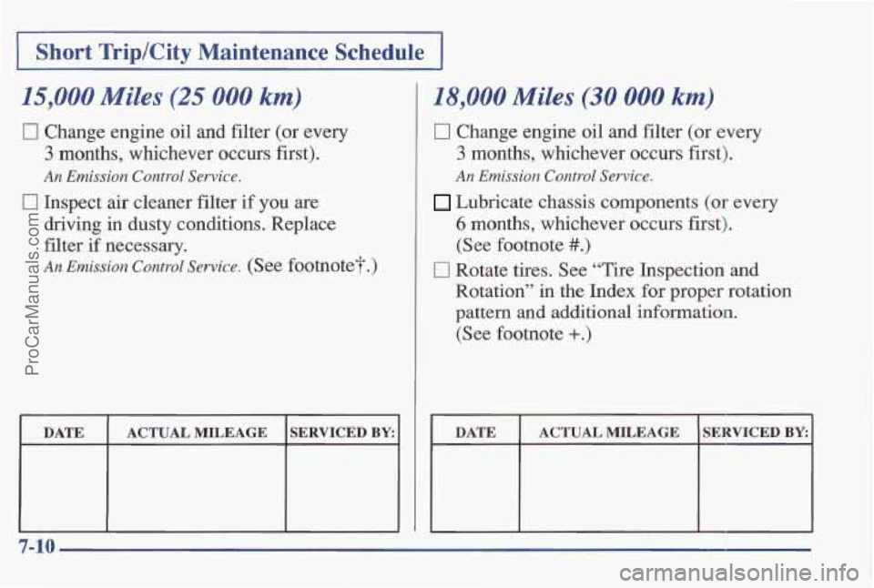 PONTIAC BONNEVILLE 1997 Owners Manual Short Trip/City Maintenance Schedule ~ ~~
15,000 Miles (25 000 km)
0 Change engine oil and filter (or every
3 months, whichever occurs first).
An Emission Control Service.
0 Inspect air PONTIAC BONNEVILLE 1997 Owners Manual Short Trip/City Maintenance Schedule ~ ~~
15,000 Miles (25 000 km)
0 Change engine oil and filter (or every
3 months, whichever occurs first).
An Emission Control Service.
0 Inspect air