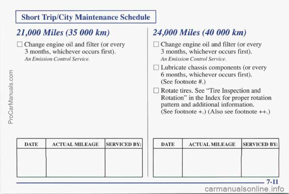 PONTIAC BONNEVILLE 1997 Owners Manual I Short TriplCity Maintenance Schedule I
21,000 Miles (35 000 km)
0 Change engine oil and filter (or every
3 months, whichever occurs first).
An Emission Control Service.
DATE
SERVICED BY: PONTIAC BONNEVILLE 1997 Owners Manual I Short TriplCity Maintenance Schedule I
21,000 Miles (35 000 km)
0 Change engine oil and filter (or every
3 months, whichever occurs first).
An Emission Control Service.
DATE
SERVICED BY: