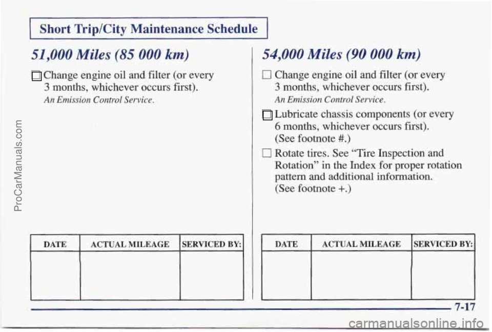 PONTIAC BONNEVILLE 1997 Owners Manual Short Trip/City Maintenance Schedule
51,000 Miles (85 000 km)
Change engine oil and filter (or every
3 months, whichever occurs first).
An Emission Control Service.
DATE SERVICED BY: ACTUA PONTIAC BONNEVILLE 1997 Owners Manual Short Trip/City Maintenance Schedule
51,000 Miles (85 000 km)
Change engine oil and filter (or every
3 months, whichever occurs first).
An Emission Control Service.
DATE SERVICED BY: ACTUA