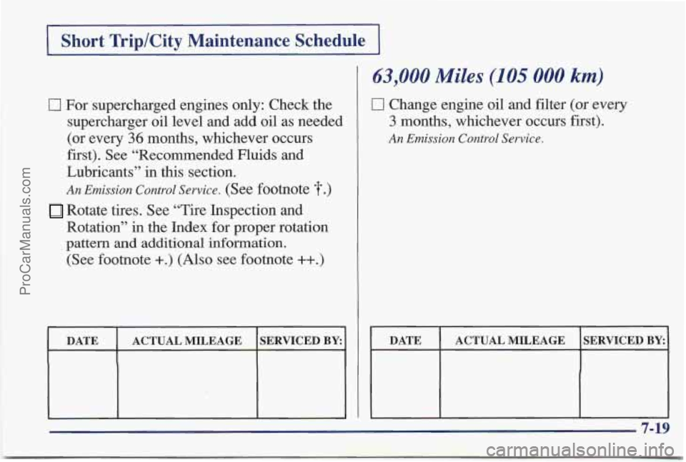 PONTIAC BONNEVILLE 1997  Owners Manual )Short Trip/City  Maintenance  Schedule 1 
0 For  supercharged engines only:  Check  the 
supercharger  oil level and  add  oil  as  needed 
(or  every 
36 months,  whichever  occurs 
first).  See  