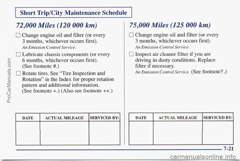PONTIAC BONNEVILLE 1997  Owners Manual 1 Short  TriplCity  Maintenance  Schedule I ~~  ~ 
72,000 Miles (120 000 km) 
0 Change engine oil and filter (or  every 
3 months, whichever  occurs first). 
An Emission Control Sewice. 
0 Lubricate c