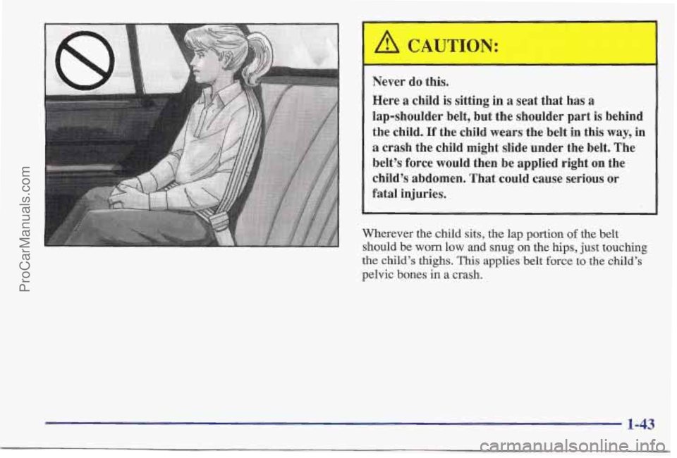 PONTIAC BONNEVILLE 1997 Service Manual A CAUTION:
Never do this.
Here
a child is sitting in a seat that has a
lap-shoulder belt, but the shoulder part is behinc
the child.
If the child wears the belt in this way, il
PONTIAC BONNEVILLE 1997 Service Manual A CAUTION:
Never do this.
Here
a child is sitting in a seat that has a
lap-shoulder belt, but the shoulder part is behinc
the child.
If the child wears the belt in this way, il