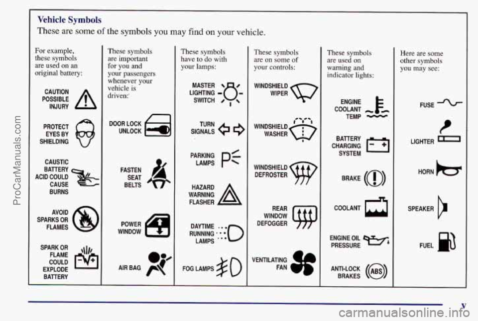 PONTIAC BONNEVILLE 1997  Owners Manual L 
Vehicle Symbols 
These are some of the symbols you may find on your vehicle. 
For example, 
these symbols 
are used  on  an 
original battery: 
POSSIBLE A 
CAUTION 
INJURY 
PROTECT  EYES  BY 
SHIEL