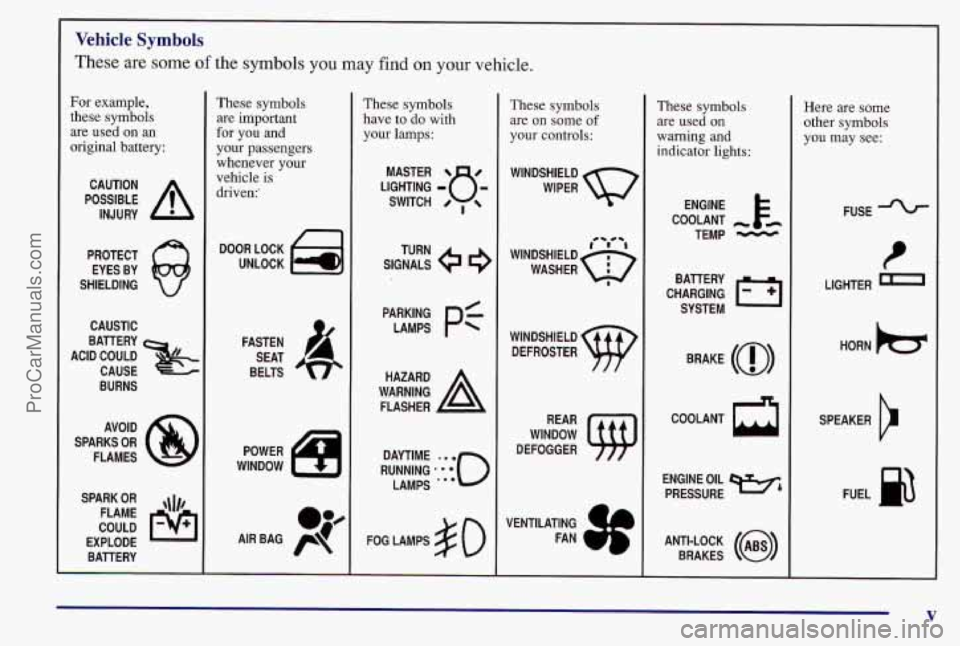 PONTIAC BONNEVILLE 1997 Owners Manual L
Vehicle Symbols
These are some of the symbols you may find on your vehicle.
For example,
these symbols
are used on an
original battery:
POSSIBLE A
CAUTION
INJURY
PROTECT EYES BY
SHIEL PONTIAC BONNEVILLE 1997 Owners Manual L
Vehicle Symbols
These are some of the symbols you may find on your vehicle.
For example,
these symbols
are used on an
original battery:
POSSIBLE A
CAUTION
INJURY
PROTECT EYES BY
SHIEL