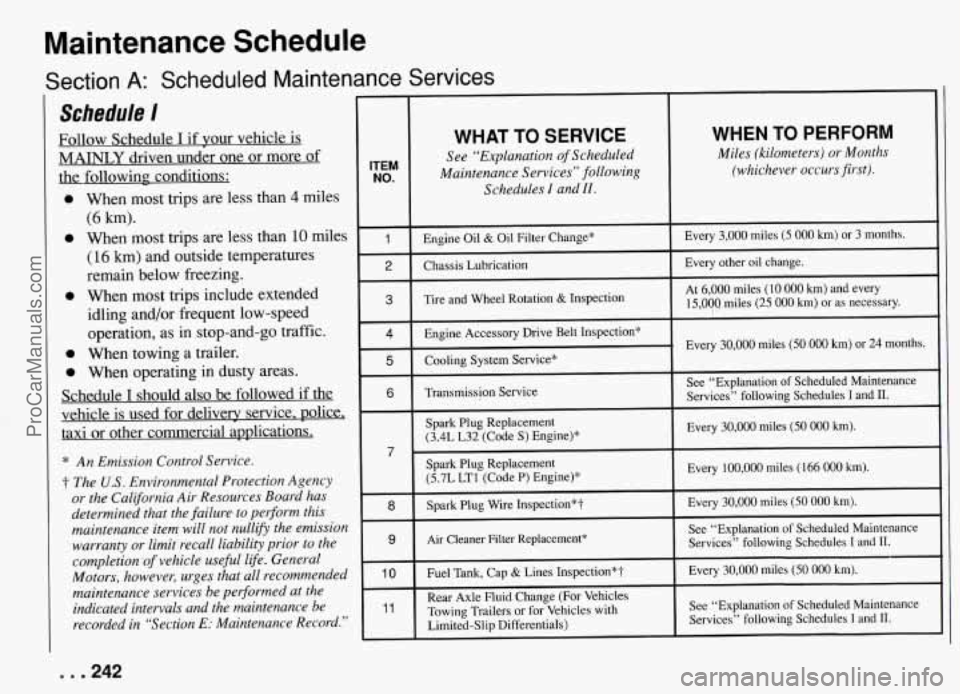 PONTIAC FIREBIRD 1994  Owners Manual Maintenance  Schedule 
C L Section A: Scheduled  Maintenance  Services 
Schedule I 
Follow Schedule I if your  vehicle  is 
MAINLY driven  under  one  or  more  of 
the following conditions: 
When  mo