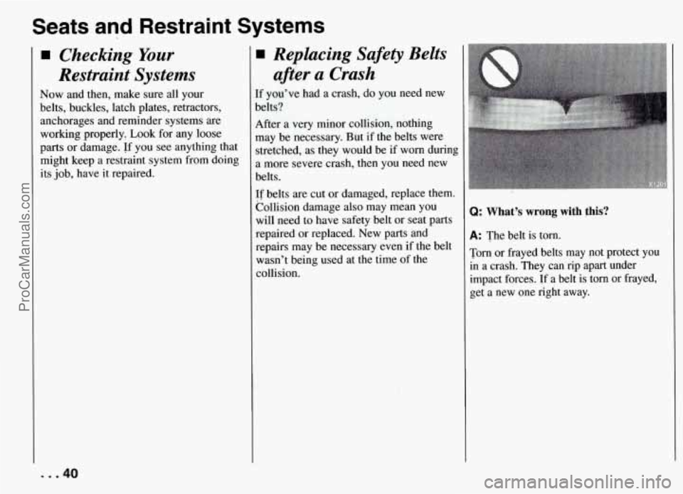 PONTIAC FIREBIRD 1994 Service Manual Seats and Restraint Systems
Checking Your
Restraint Systems
Now and then, make sure all your
belts, buckles, latch plates, retractors,
anchorages and reminder systems are
working pro PONTIAC FIREBIRD 1994 Service Manual Seats and Restraint Systems
Checking Your
Restraint Systems
Now and then, make sure all your
belts, buckles, latch plates, retractors,
anchorages and reminder systems are
working pro