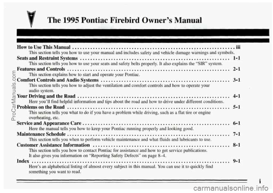 PONTIAC FIREBIRD 1995  Owners Manual The 1995 Pontiac Firebird  Owner’s  Manual 
... How to  Use  This  Manual .............................................................. .m 
Seats  and  Restraint  Systems ..........................