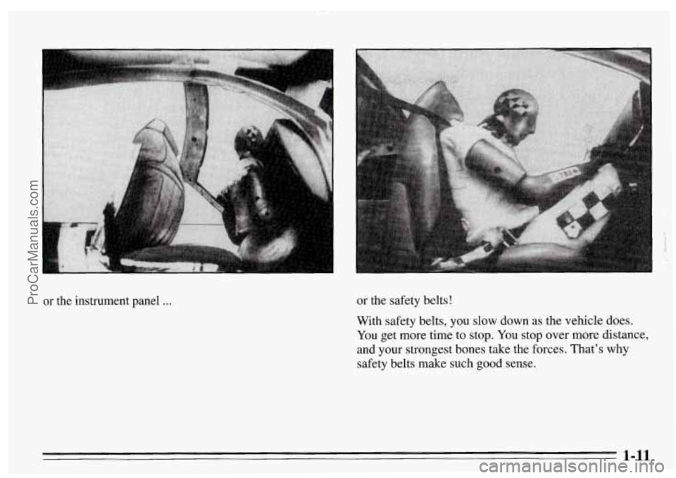 PONTIAC FIREBIRD 1995 User Guide or  the  instrument  panel ... or  the  safety belts! 
With  safety  belts,  you  slow  down  as the vehicle does. 
You get more time  to  stop. You stop over more distance, 
and  your  strongest  bon