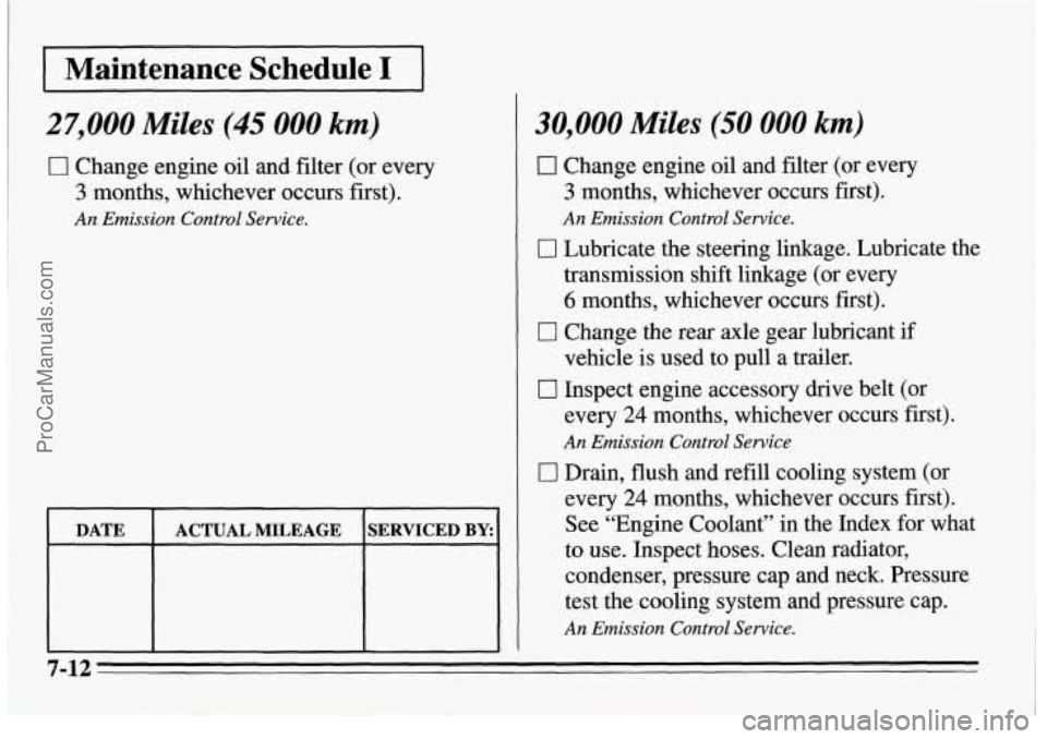 PONTIAC FIREBIRD 1995  Owners Manual ~ Maintenance Schedule I 
27,000 Miles (45 
000 km) 
0 Change engine oil and  filter  (or  every 
3 months,  whichever  occurs  first). 
An Emission  Control  Sewice. 
DATE  ACTUAL  MILEAGE 
SERVICED 