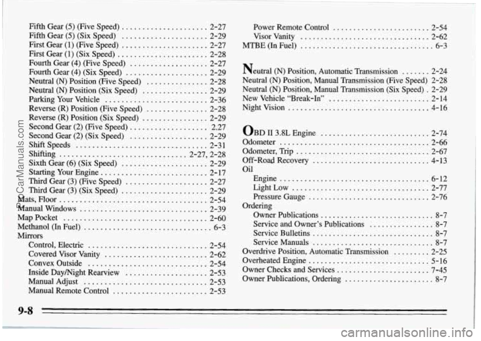 PONTIAC FIREBIRD 1995  Owners Manual Power  Remote  Control ........................ 2-54 
Visor  Vanity 
................................ 2-62 
MTBE (In  Fuel) ................................. 6-3 
Neutral  (N)  Position.  Automatic  T