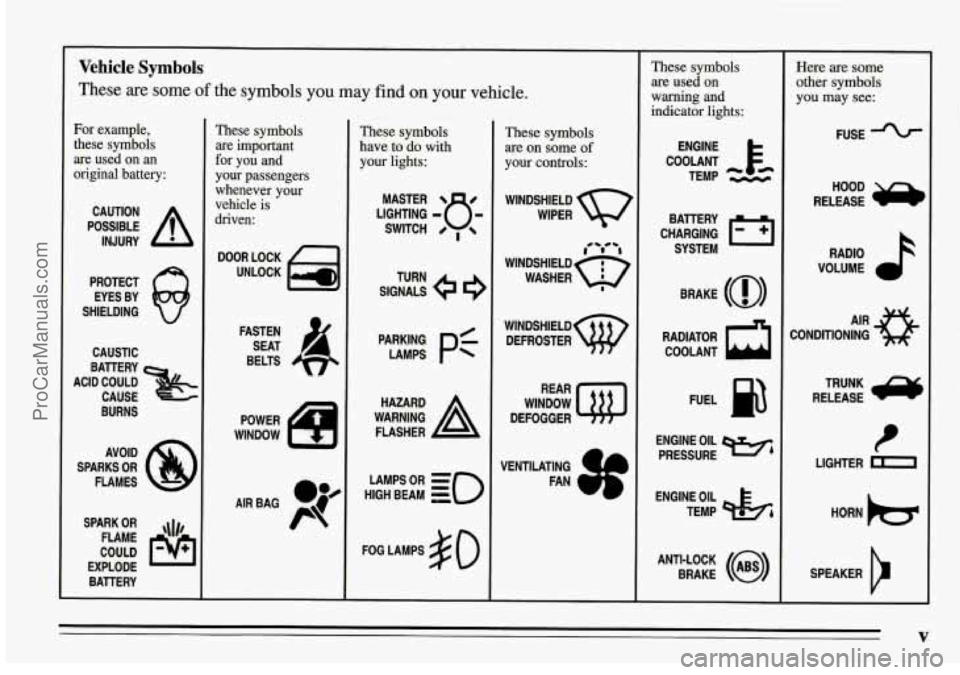 PONTIAC FIREBIRD 1995  Owners Manual Vehicle Symbols 
These  are some of the  symbols  you  may  find  on your vehicle. 
For  example, these  symbols 
are  used  on  an 
original  battery: 
POSSIBLE A 
CAUTION 
INJURY 
PROTECT EYES  BY 
