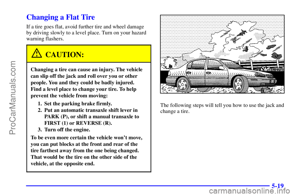 PONTIAC GRAND-AM 2000  Owners Manual 5-19
Changing a Flat Tire
If a tire goes flat, avoid further tire and wheel damage
by driving slowly to a level place. Turn on your hazard
warning flashers.
CAUTION:
Changing a tire can cause an injur