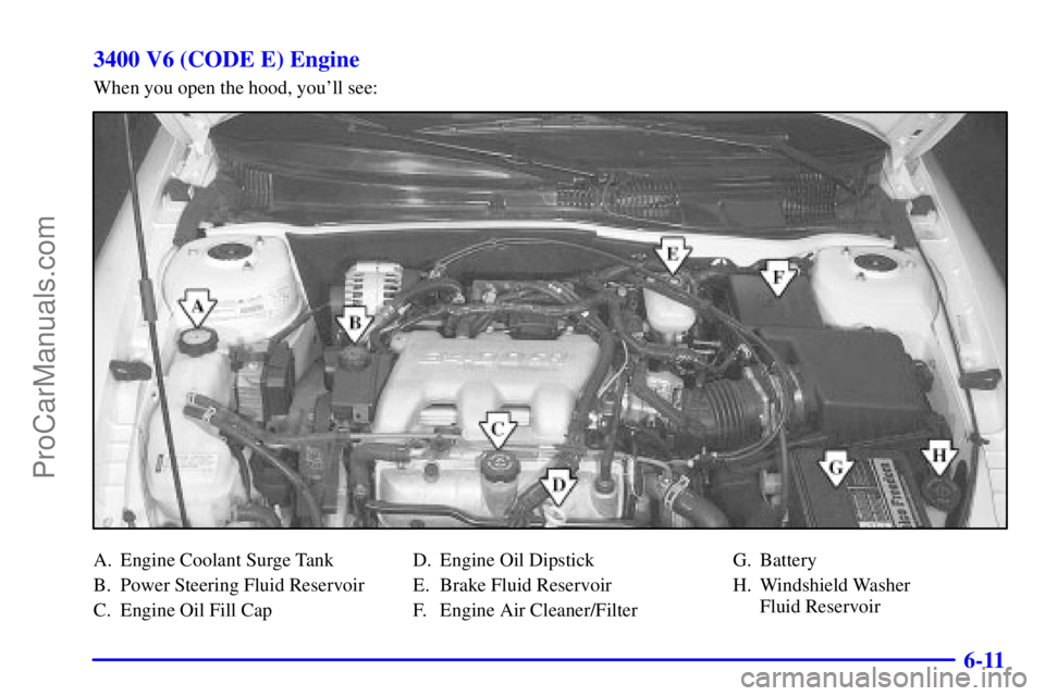PONTIAC GRAND-AM 2000  Owners Manual 6-11 3400 V6 (CODE E) Engine
When you open the hood, youll see:
A. Engine Coolant Surge Tank
B. Power Steering Fluid Reservoir
C. Engine Oil Fill CapD. Engine Oil Dipstick
E. Brake Fluid Reservoir
F.