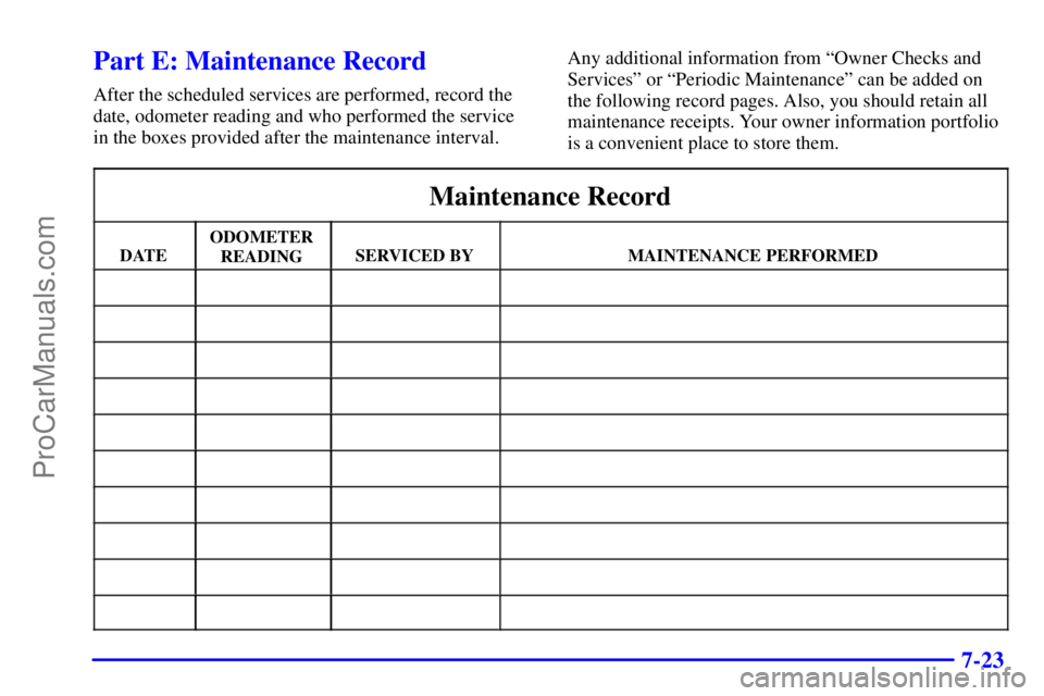 PONTIAC GRAND-AM 2000  Owners Manual 7-23
Part E: Maintenance Record
After the scheduled services are performed, record the
date, odometer reading and who performed the service
in the boxes provided after the maintenance interval.Any add